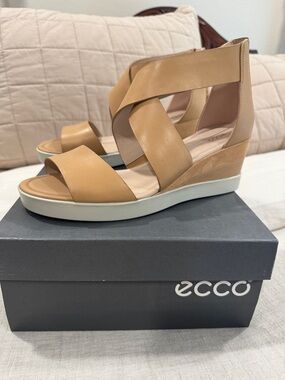 Ecco Tan Leather Crisscross Wedge Sandals